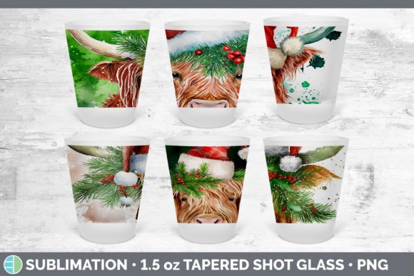 Christmas Highland Cow Shot Glass Sublim: Festive Illustrations