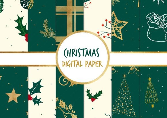 Green & Gold Christmas Illustrations for Crafters